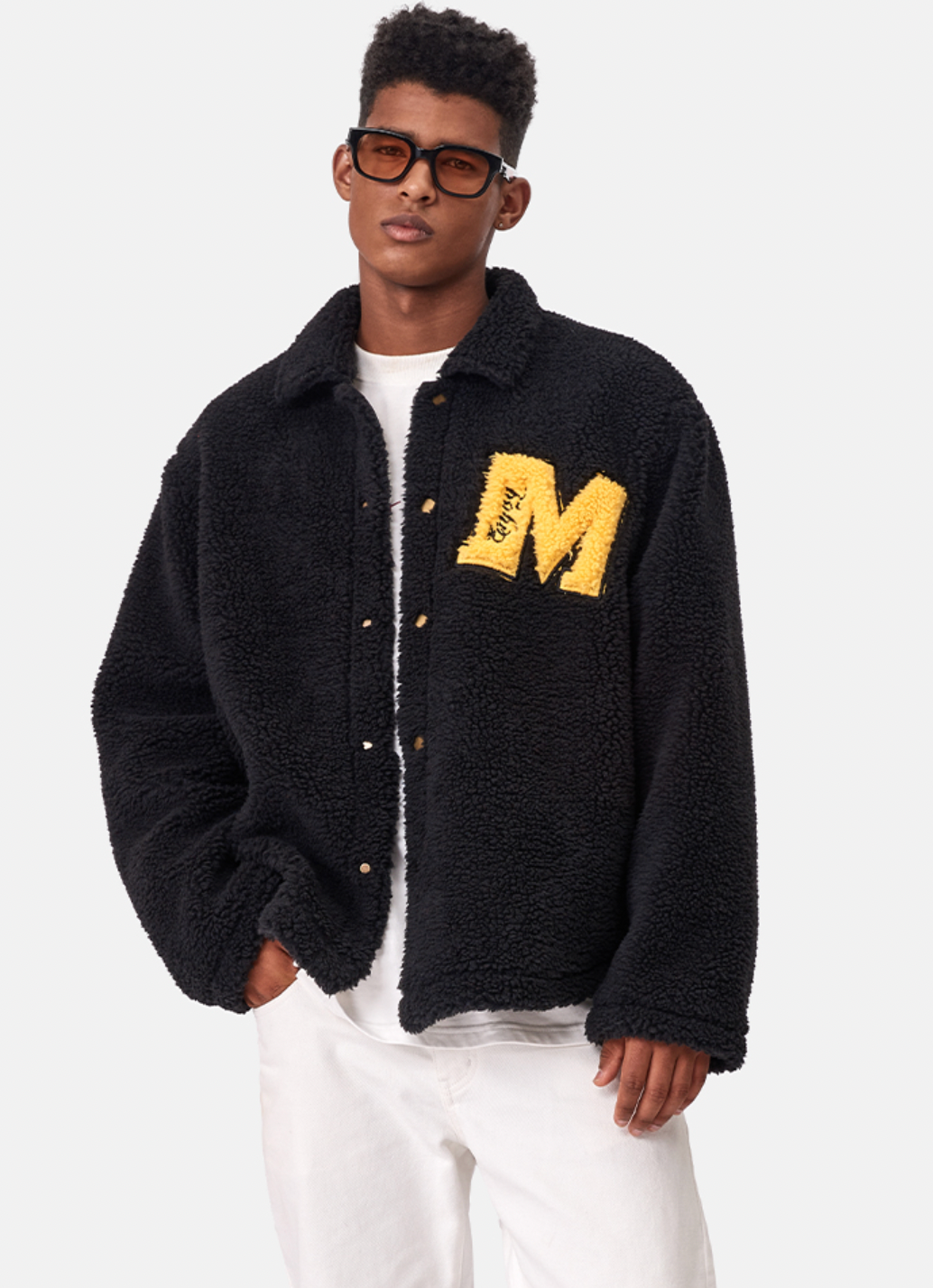 MEDM Logo Letters Embroidered Sherpa Fleece Boa Jacket | Face 3 Face