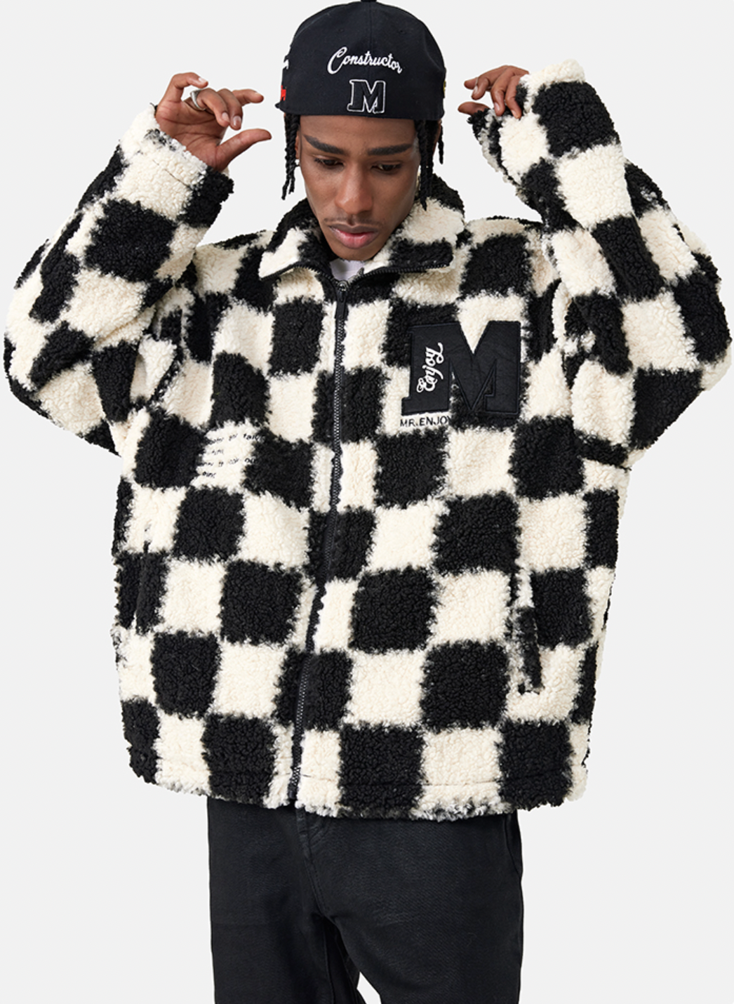 MEDM Logo Embroidered Checkerboard Sherpa Fleece Boa Jacket | Face 3 Face