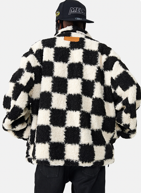 MEDM Logo Embroidered Checkerboard Sherpa Fleece Boa Jacket | Face 3 Face