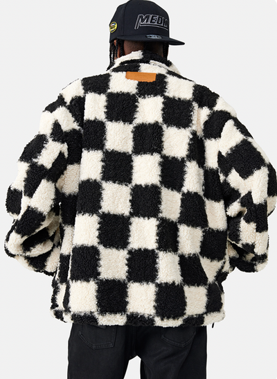 MEDM Logo Embroidered Checkerboard Sherpa Fleece Boa Jacket