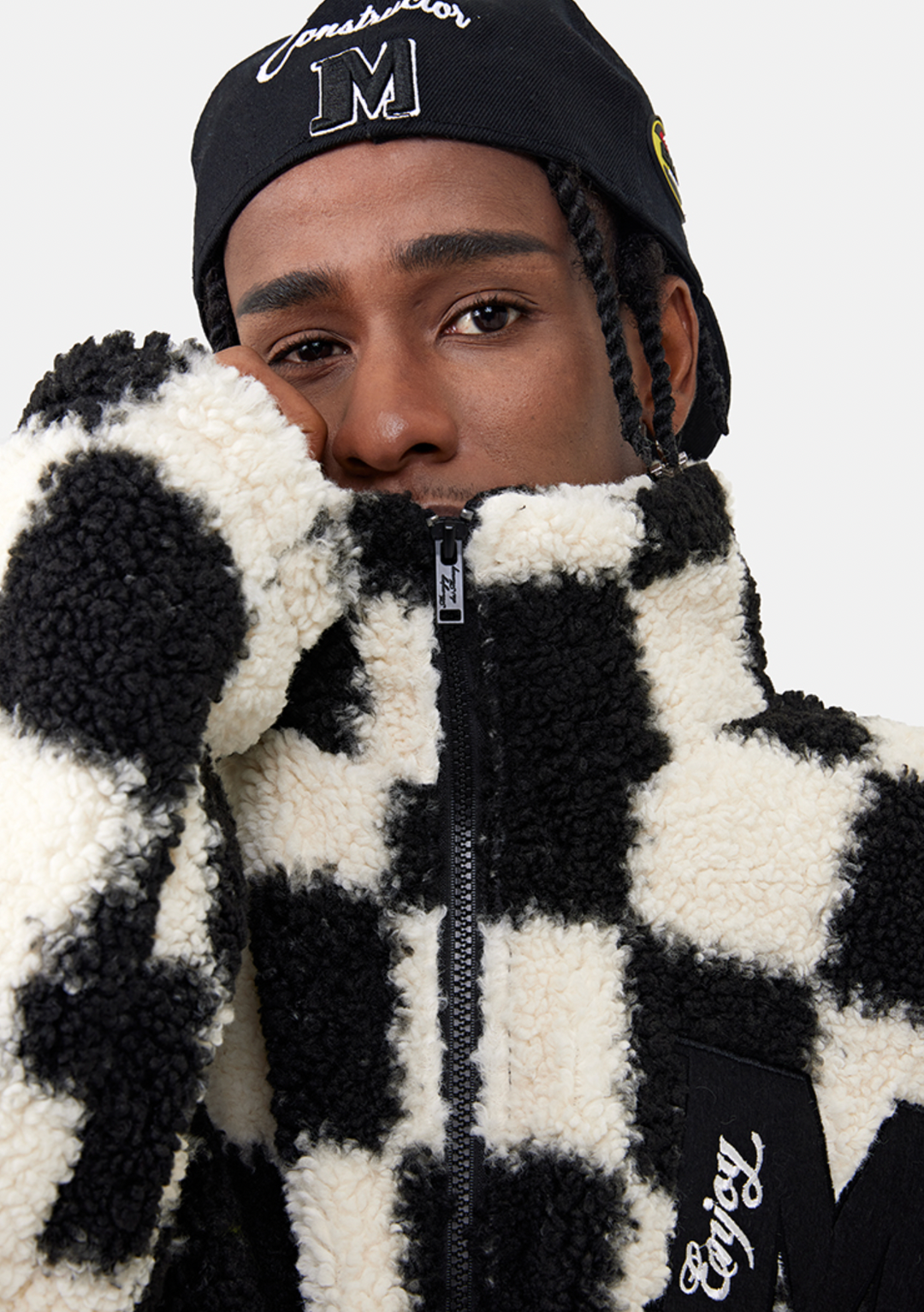 MEDM Logo Embroidered Checkerboard Sherpa Fleece Boa Jacket | Face 3 Face