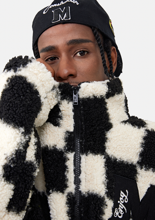 MEDM Logo Embroidered Checkerboard Sherpa Fleece Boa Jacket | Face 3 Face
