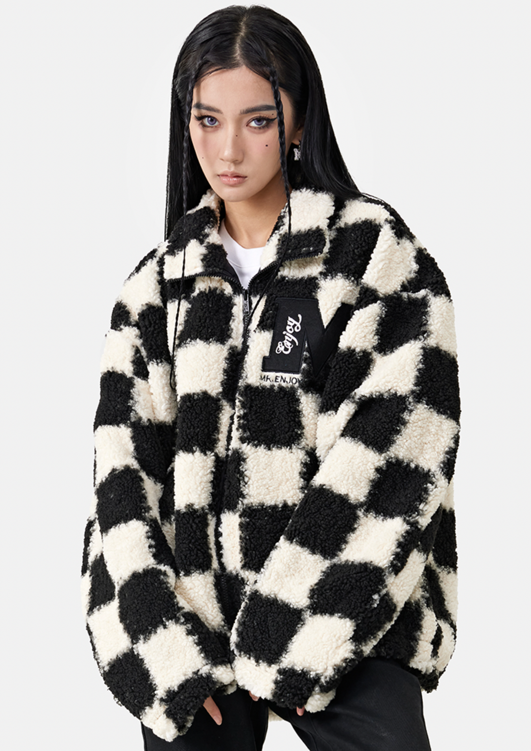 MEDM Logo Embroidered Checkerboard Sherpa Fleece Boa Jacket | Face 3 Face