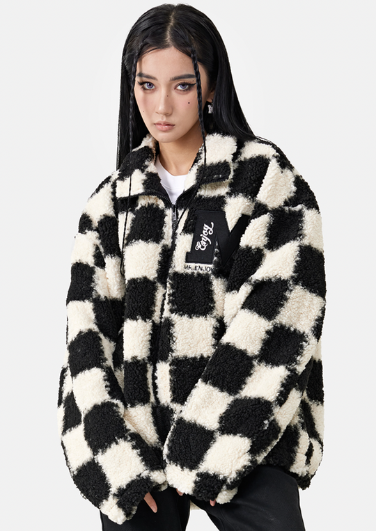 MEDM Logo Embroidered Checkerboard Sherpa Fleece Boa Jacket | Face 3 Face