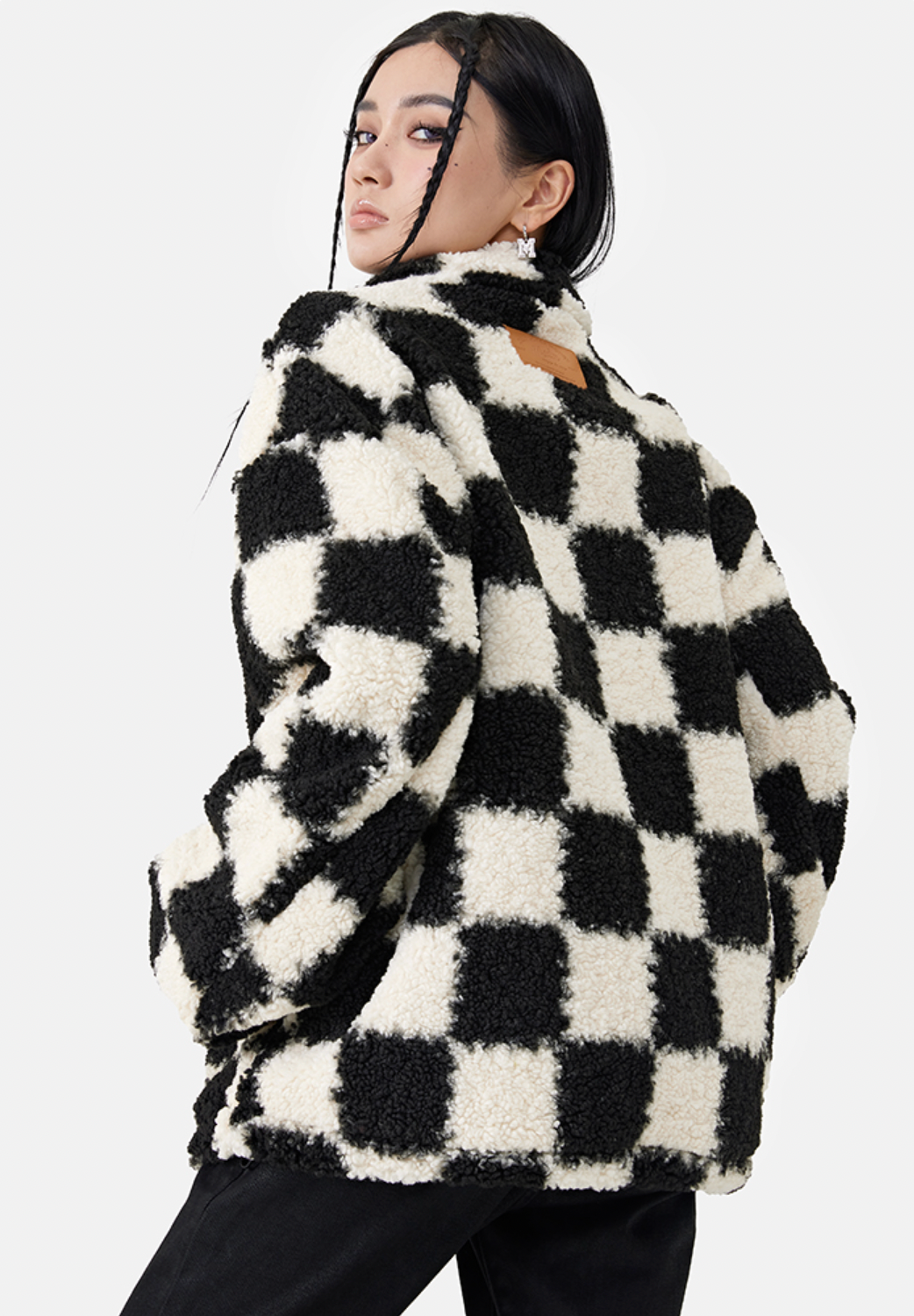 MEDM Logo Embroidered Checkerboard Sherpa Fleece Boa Jacket | Face 3 Face