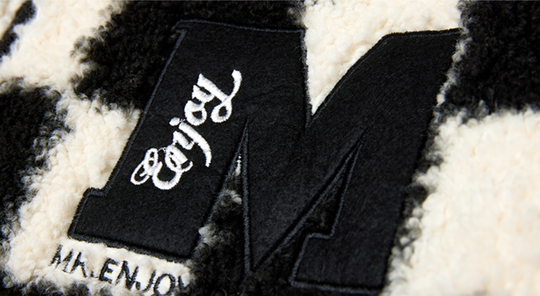 MEDM Logo Embroidered Checkerboard Sherpa Fleece Boa Jacket | Face 3 Face