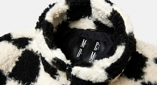 MEDM Logo Embroidered Checkerboard Sherpa Fleece Boa Jacket | Face 3 Face
