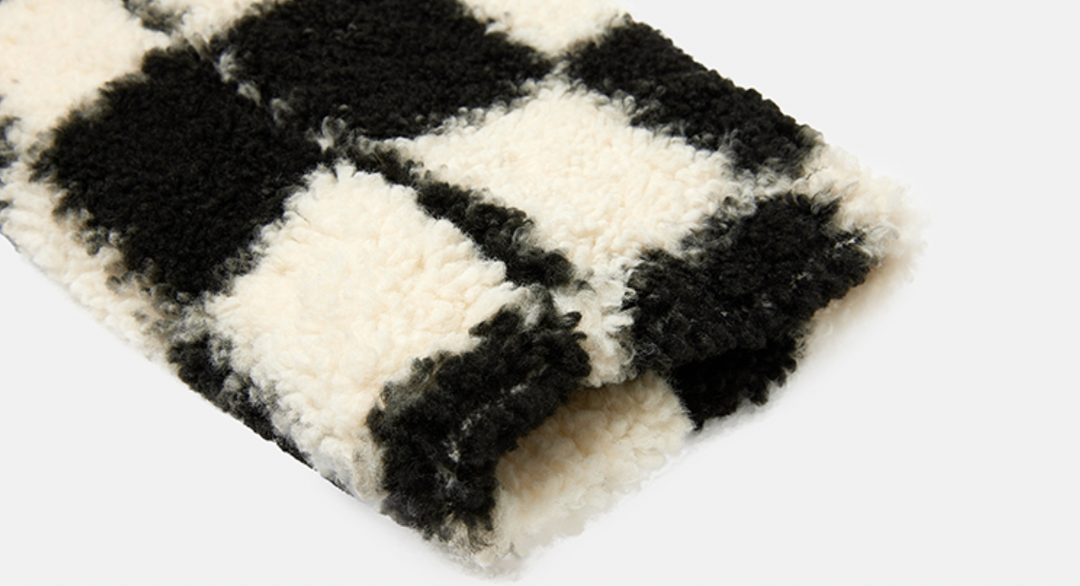 MEDM Logo Embroidered Checkerboard Sherpa Fleece Boa Jacket | Face 3 Face