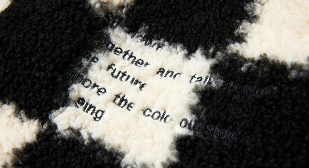 MEDM Logo Embroidered Checkerboard Sherpa Fleece Boa Jacket | Face 3 Face