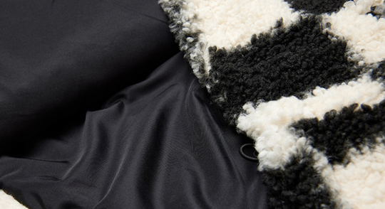 MEDM Logo Embroidered Checkerboard Sherpa Fleece Boa Jacket | Face 3 Face