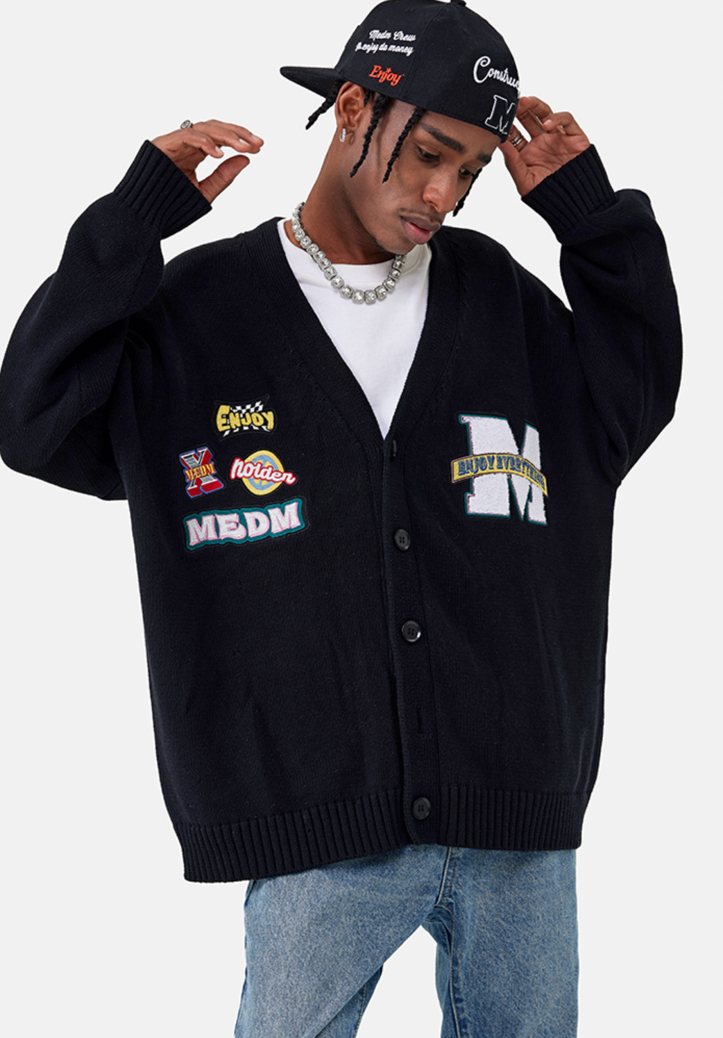 MEDM Embroidered Badge Knit Sweater Cardigan | Face 3 Face