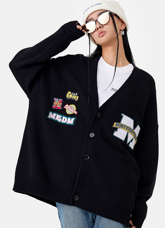 MEDM Embroidered Badge Knit Sweater Cardigan | Face 3 Face