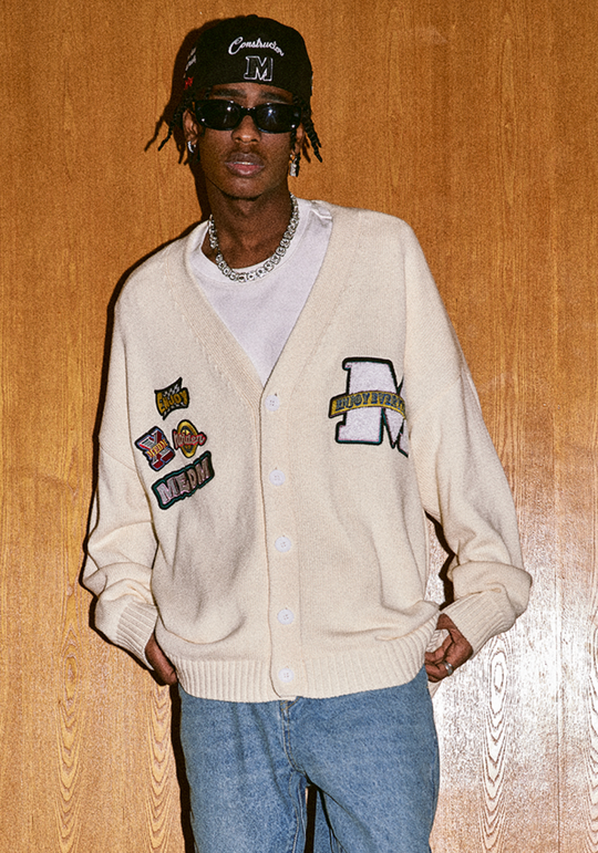 MEDM Embroidered Badge Knit Sweater Cardigan | Face 3 Face