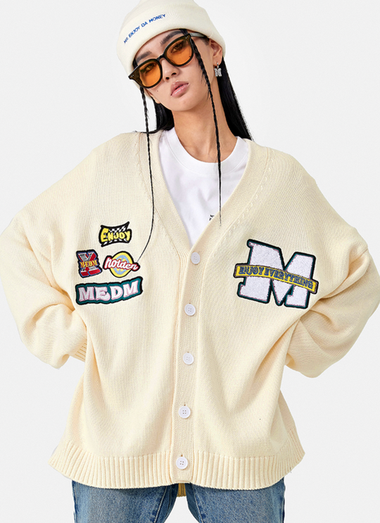 MEDM Embroidered Badge Knit Sweater Cardigan | Face 3 Face