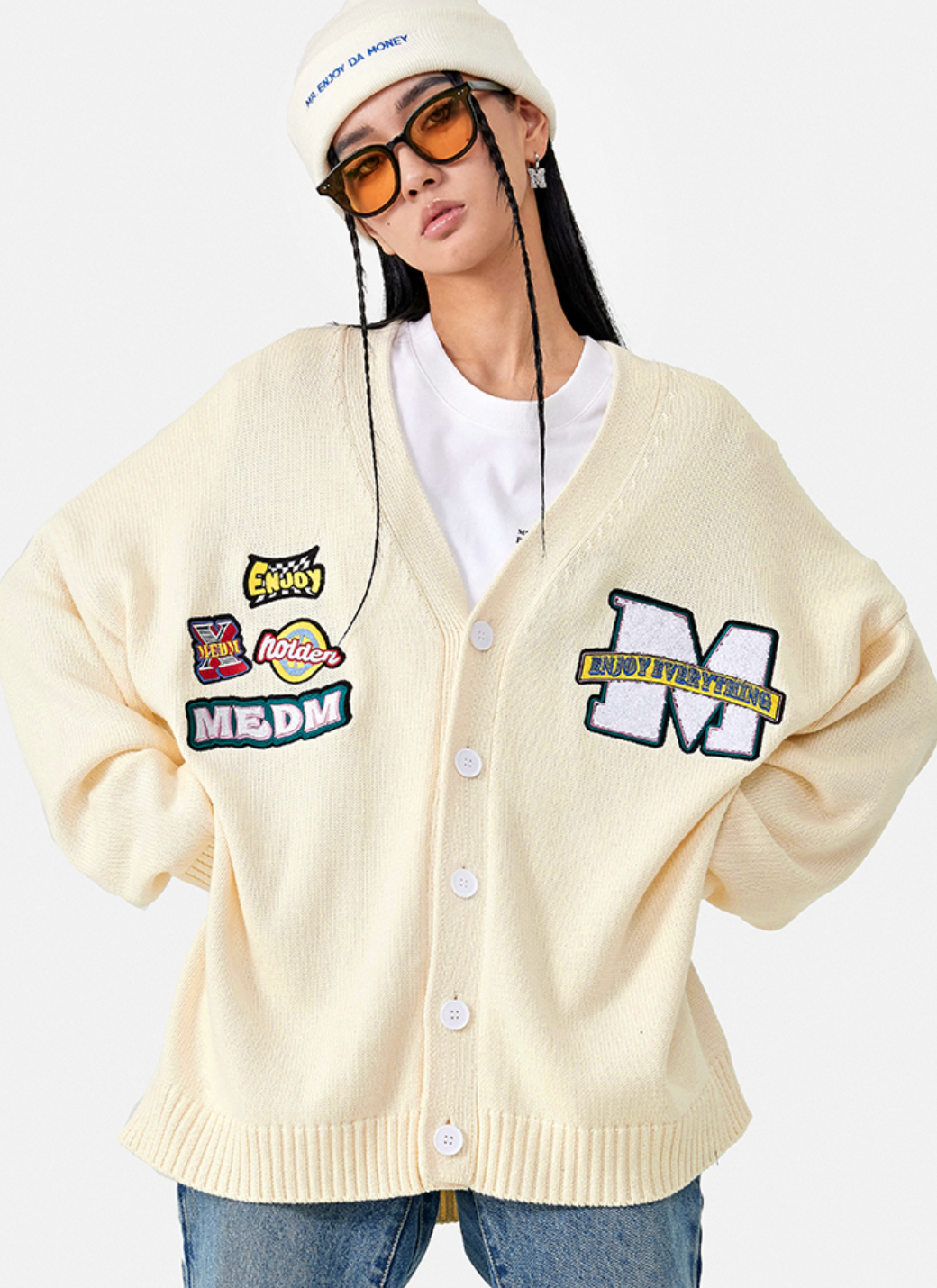 MEDM Embroidered Badge Knit Sweater Cardigan