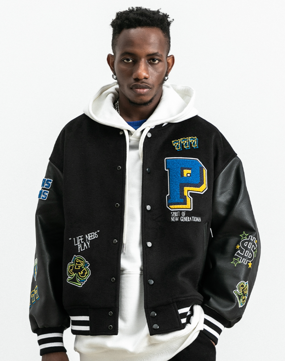 PRBLMS Dice Pattern Embroidered Varsity Jacket | Face 3 Face