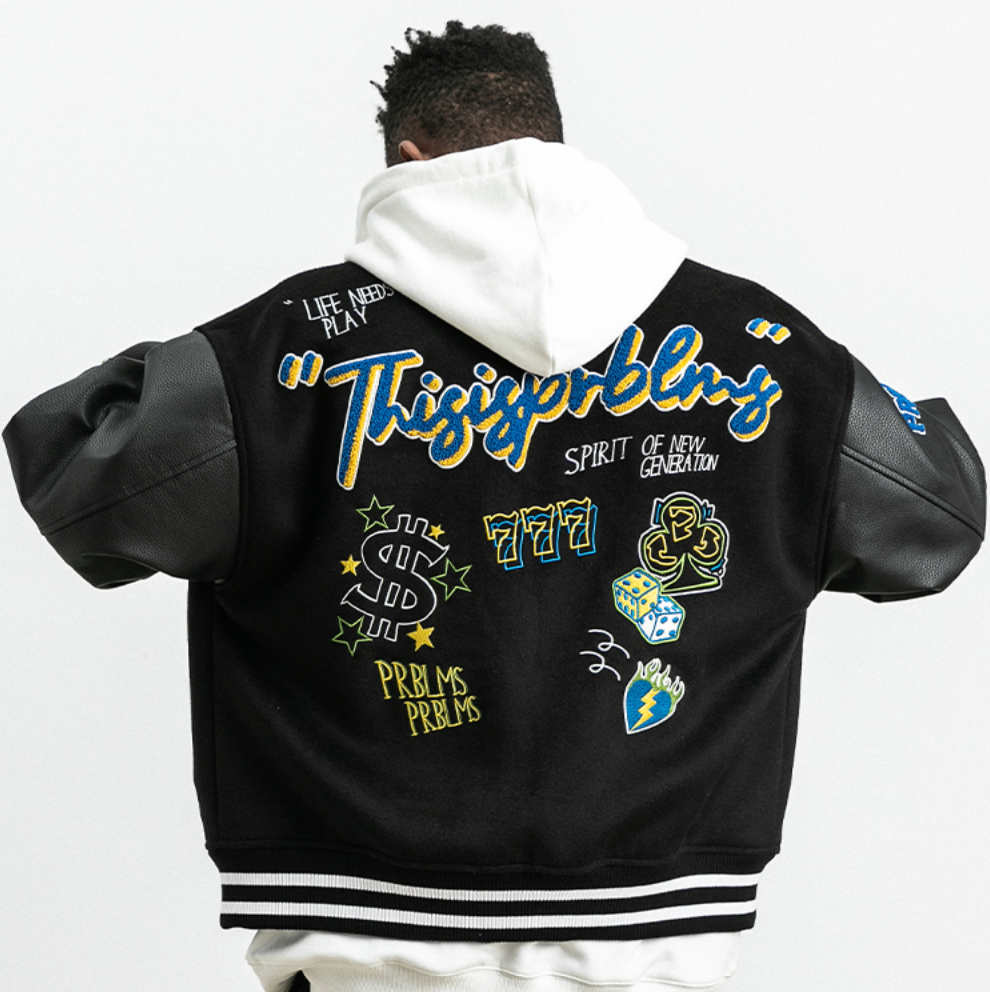 PRBLMS Dice Pattern Embroidered Varsity Jacket | Face 3 Face