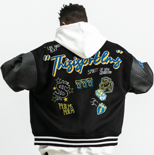 PRBLMS Dice Pattern Embroidered Varsity Jacket | Face 3 Face