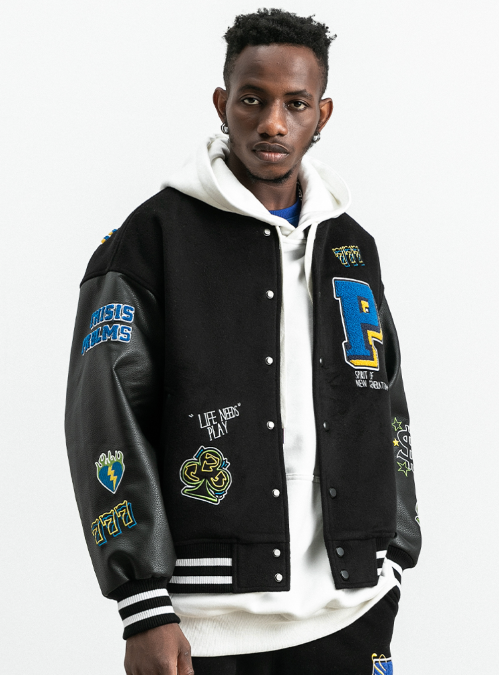 PRBLMS Dice Pattern Embroidered Varsity Jacket | Face 3 Face