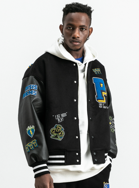 PRBLMS Dice Pattern Embroidered Varsity Jacket | Face 3 Face