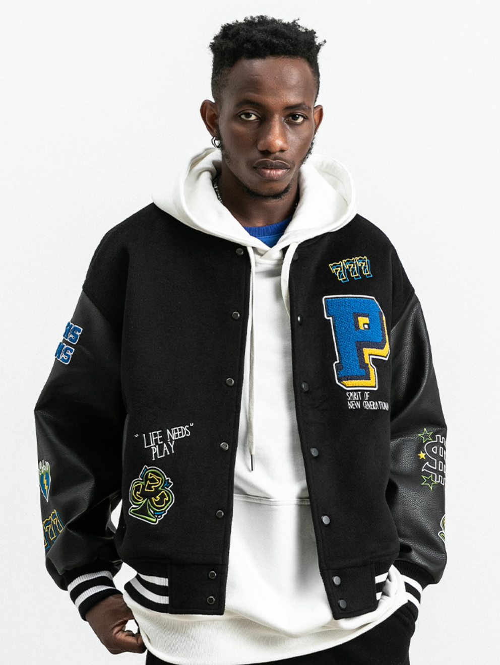 PRBLMS Dice Pattern Embroidered Varsity Jacket | Face 3 Face