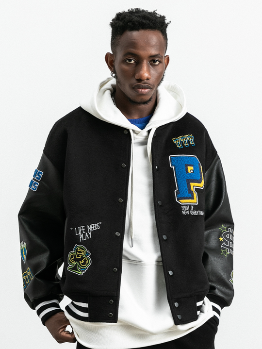 PRBLMS Dice Pattern Embroidered Varsity Jacket | Face 3 Face