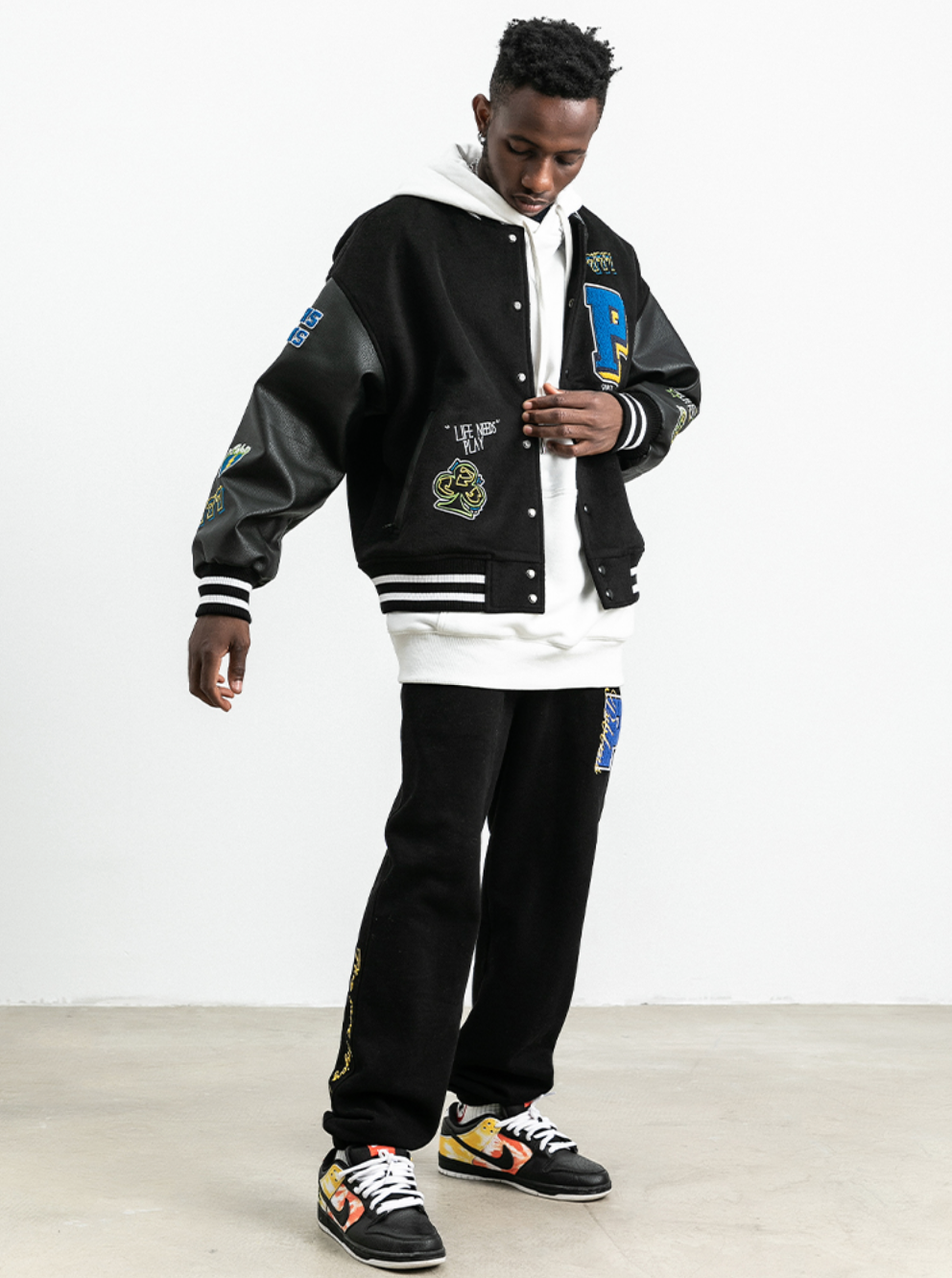 PRBLMS Dice Pattern Embroidered Varsity Jacket | Face 3 Face
