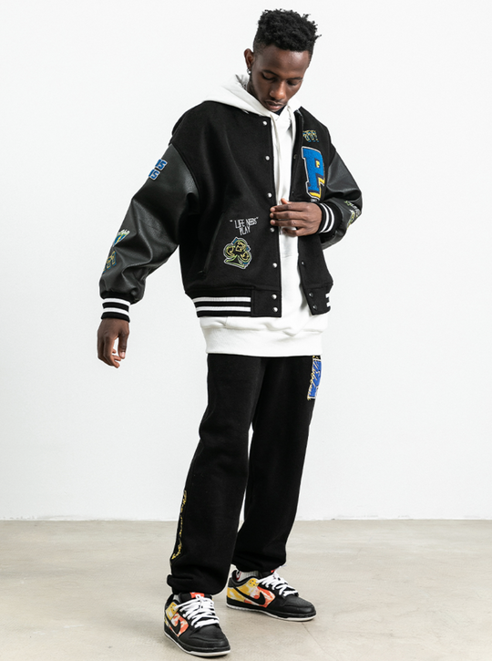 PRBLMS Dice Pattern Embroidered Varsity Jacket | Face 3 Face