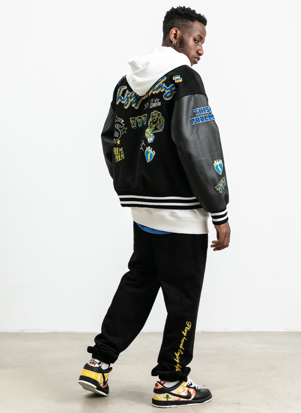 PRBLMS Dice Pattern Embroidered Varsity Jacket | Face 3 Face
