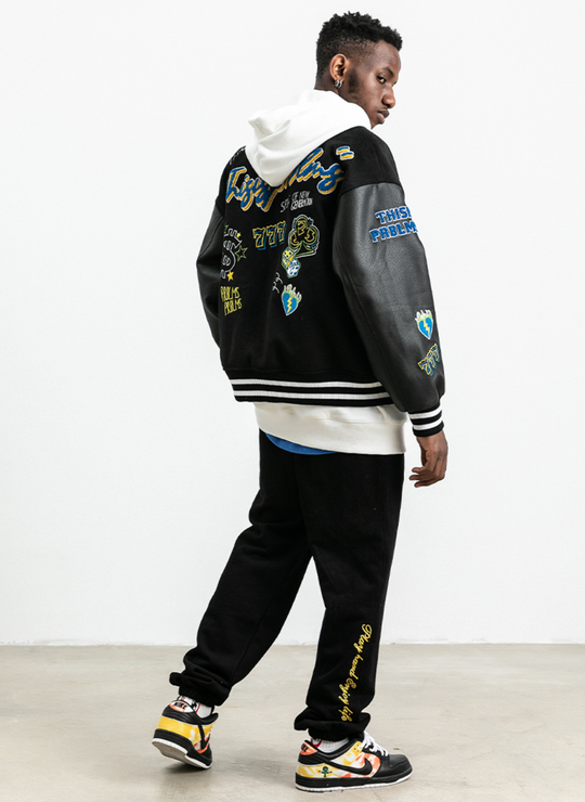 PRBLMS Dice Pattern Embroidered Varsity Jacket | Face 3 Face