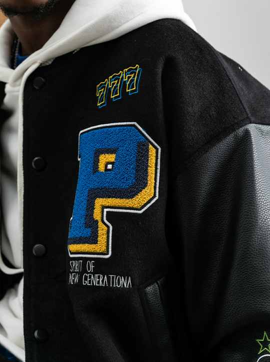 PRBLMS Dice Pattern Embroidered Varsity Jacket | Face 3 Face