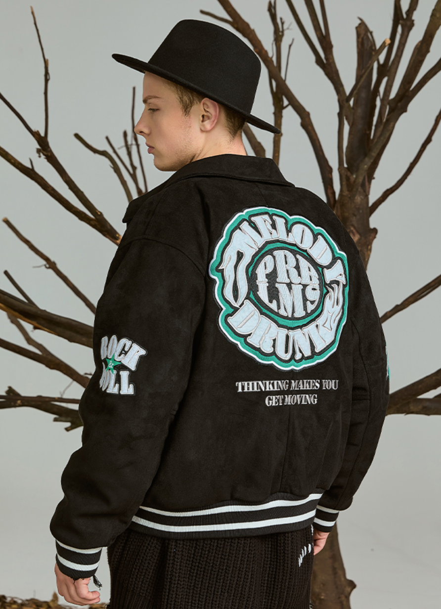 PRBLMS Flash Fire LOGO Embroidery Suede Varsity Jacket | Face 3 Face
