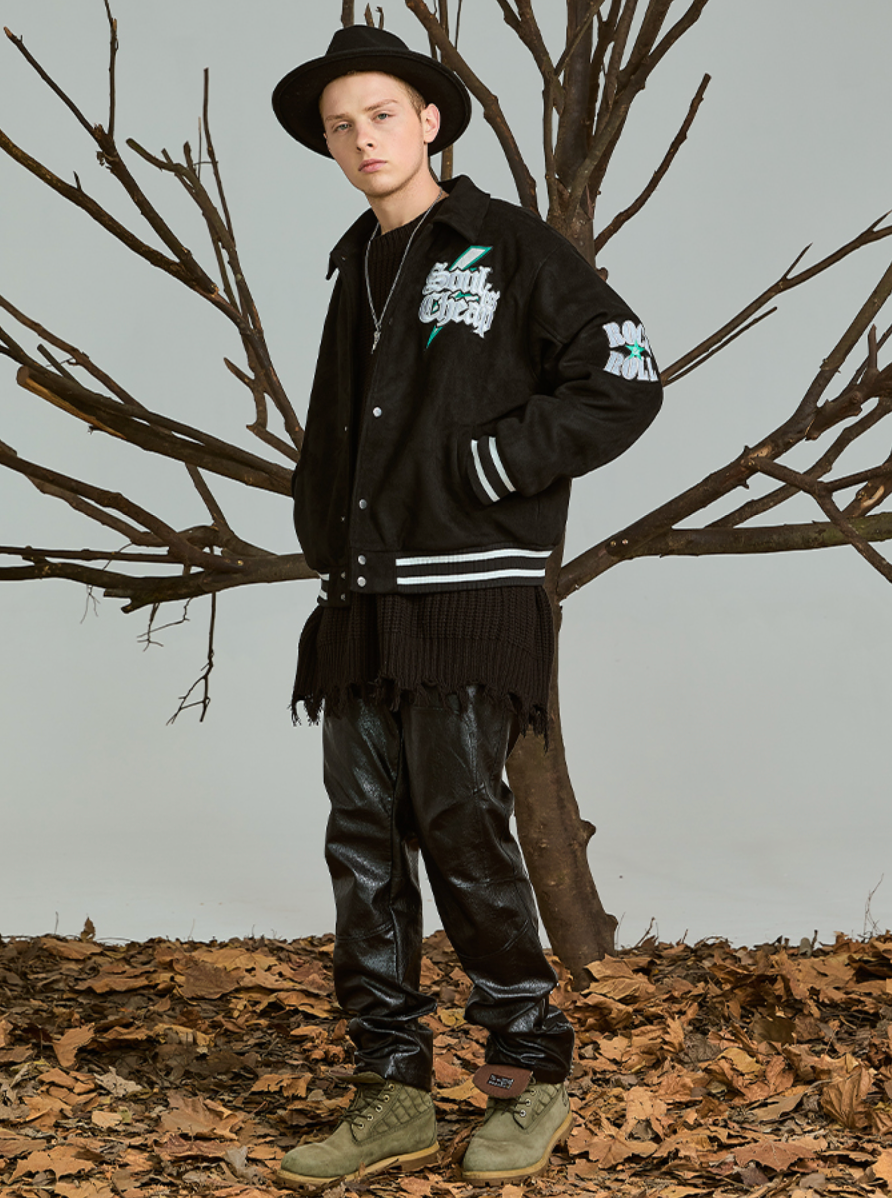 PRBLMS Flash Fire LOGO Embroidery Suede Varsity Jacket | Face 3 Face