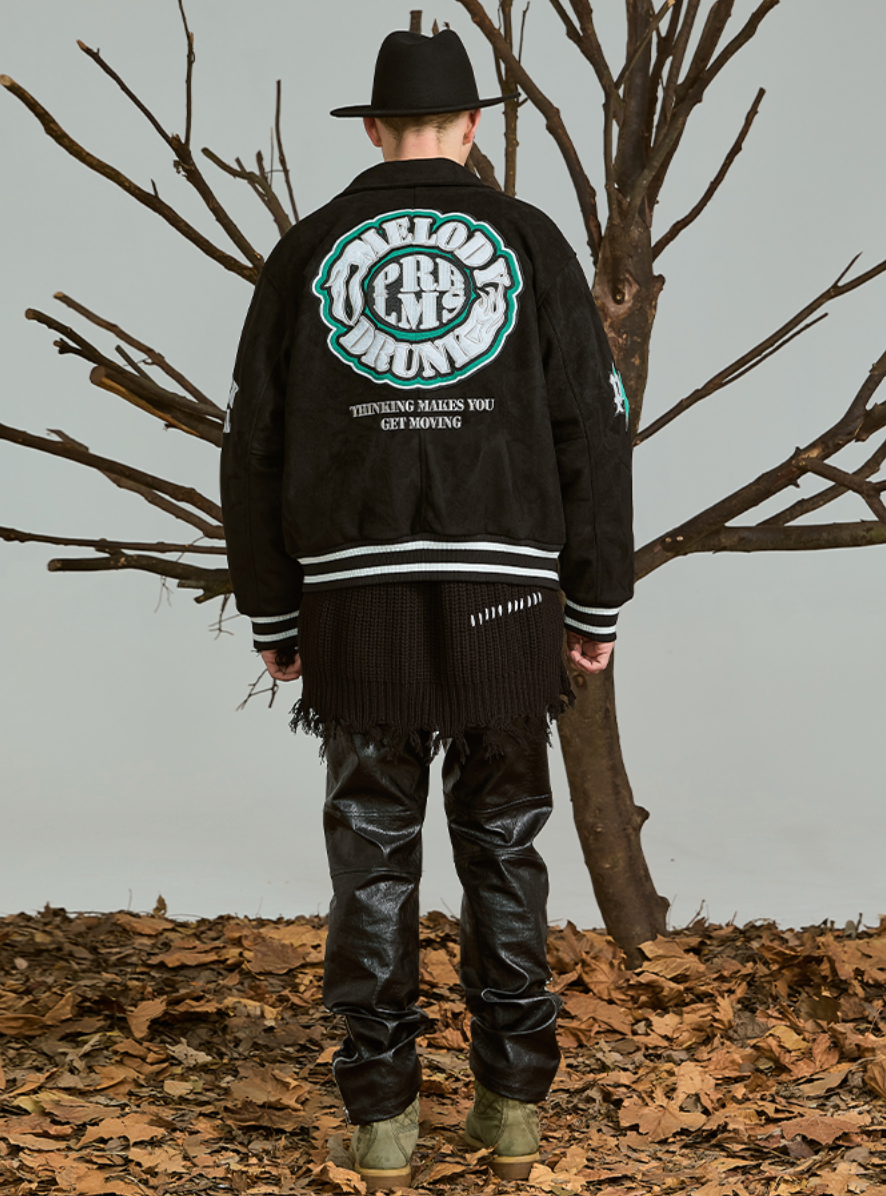 PRBLMS Flash Fire LOGO Embroidery Suede Varsity Jacket | Face 3 Face