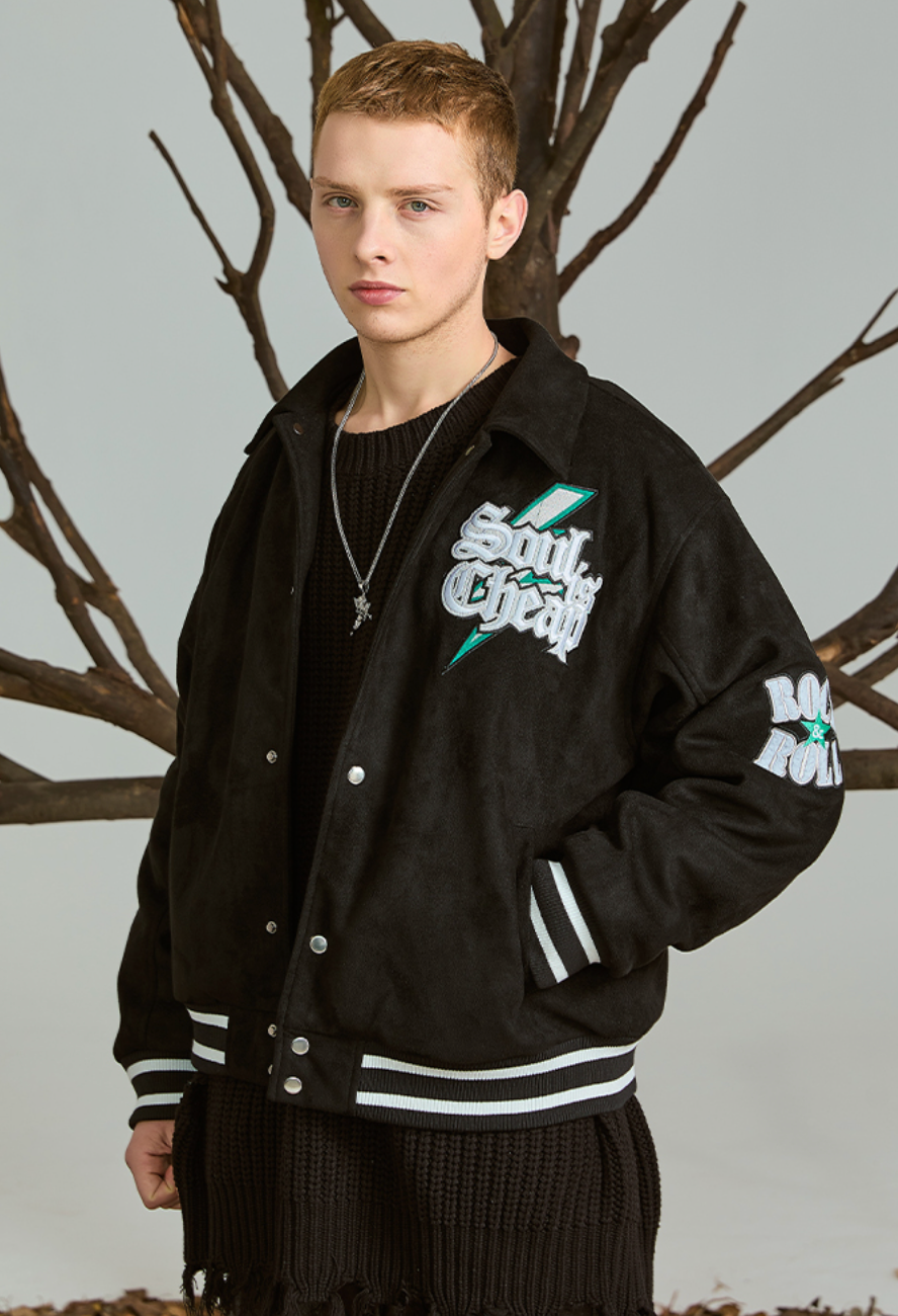 PRBLMS Flash Fire LOGO Embroidery Suede Varsity Jacket | Face 3 Face