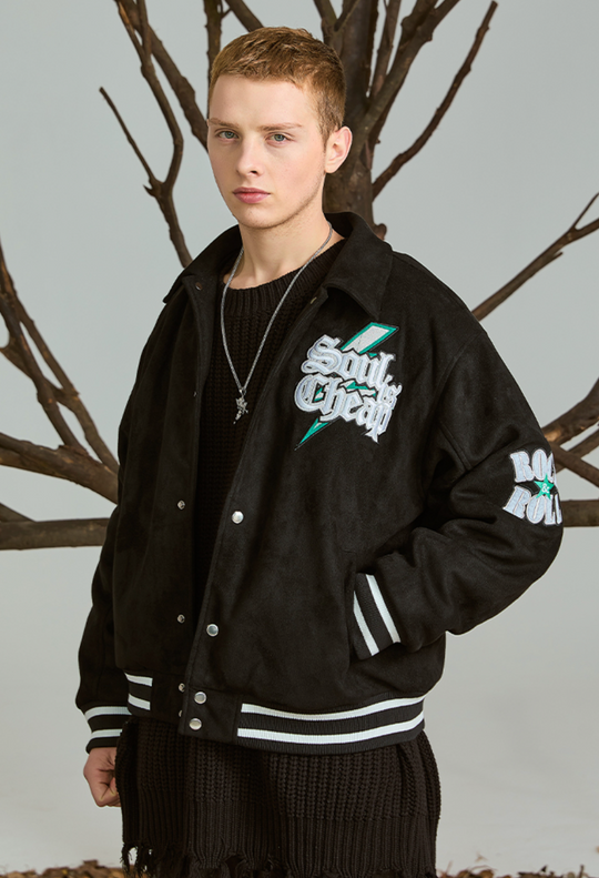 PRBLMS Flash Fire LOGO Embroidery Suede Varsity Jacket | Face 3 Face