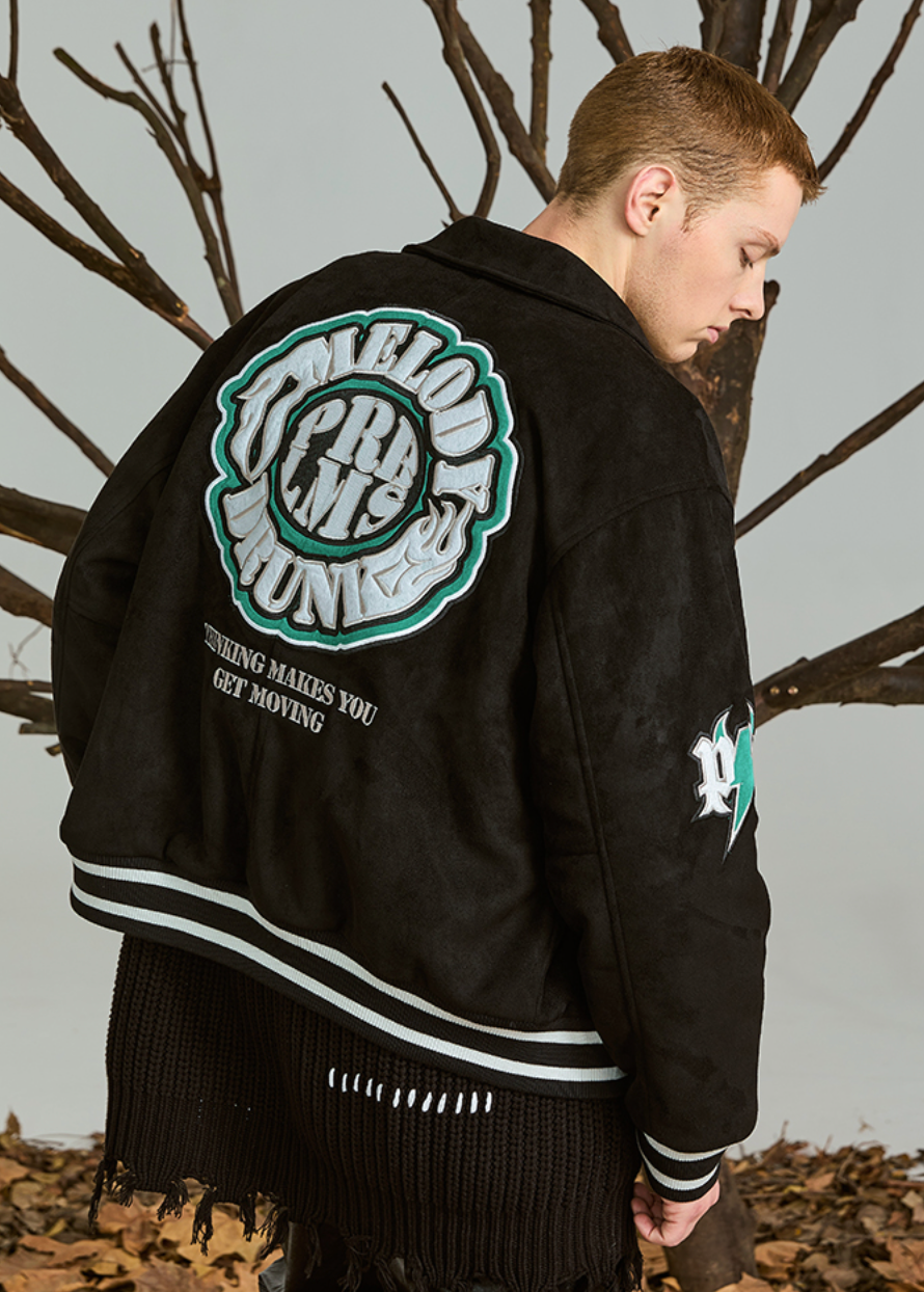 PRBLMS Flash Fire LOGO Embroidery Suede Varsity Jacket | Face 3 Face