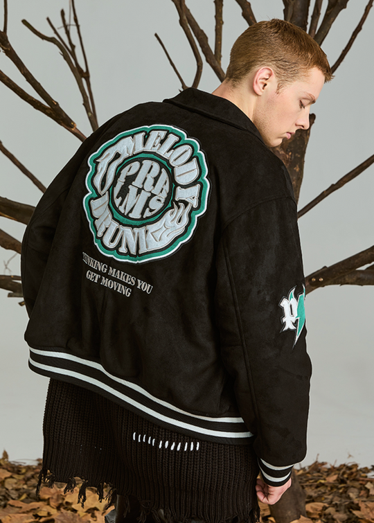 PRBLMS Flash Fire LOGO Embroidery Suede Varsity Jacket | Face 3 Face