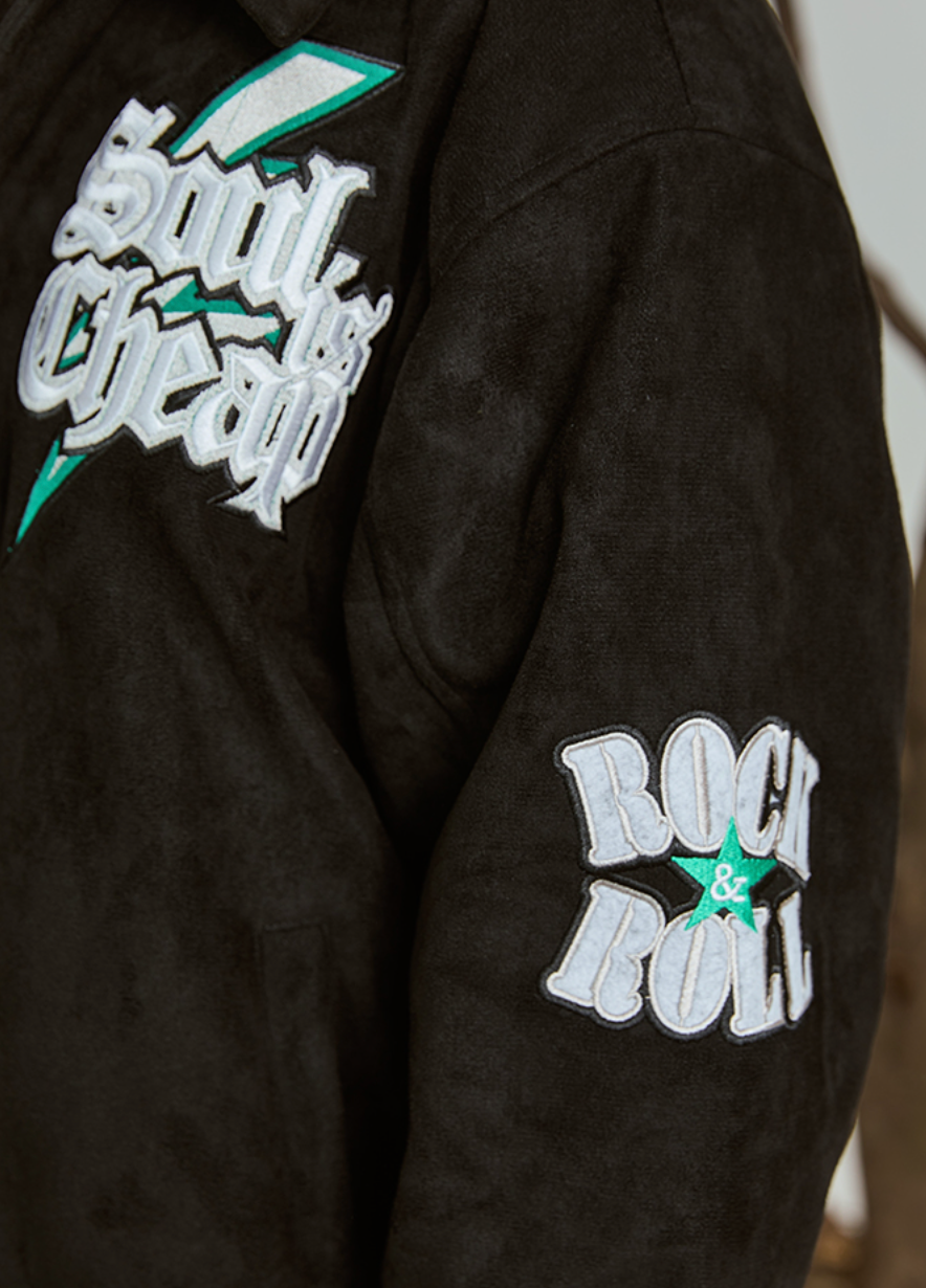 PRBLMS Flash Fire LOGO Embroidery Suede Varsity Jacket | Face 3 Face