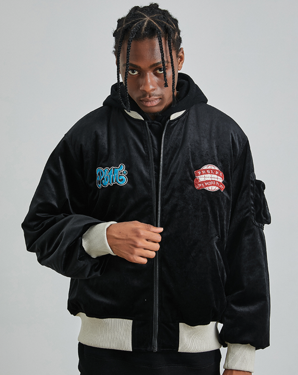 PRBLMS Logo Patch Velvet Flight Jacket | Face 3 Face