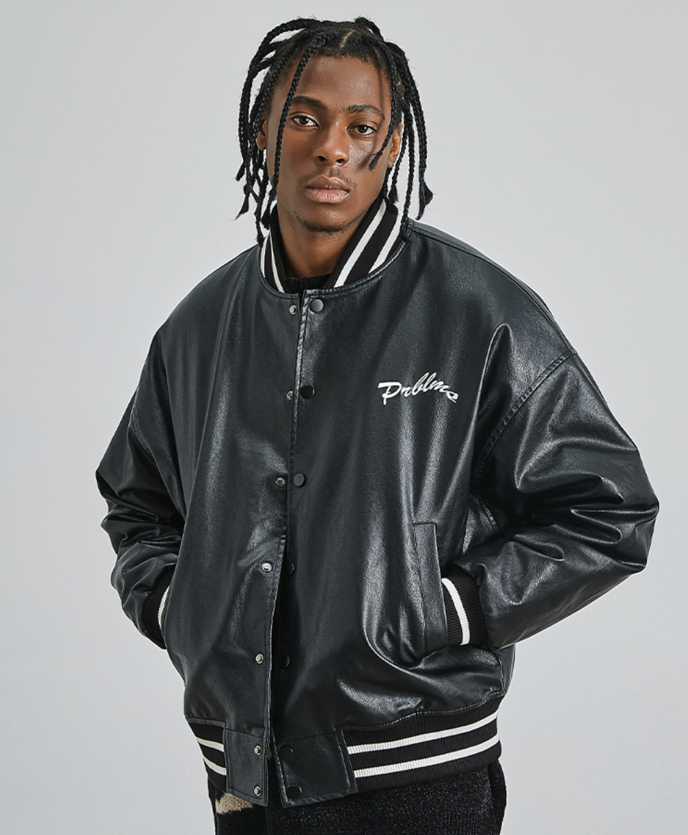 PRBLMS Big LOGO Leather Baseball Jacket | Face 3 Face