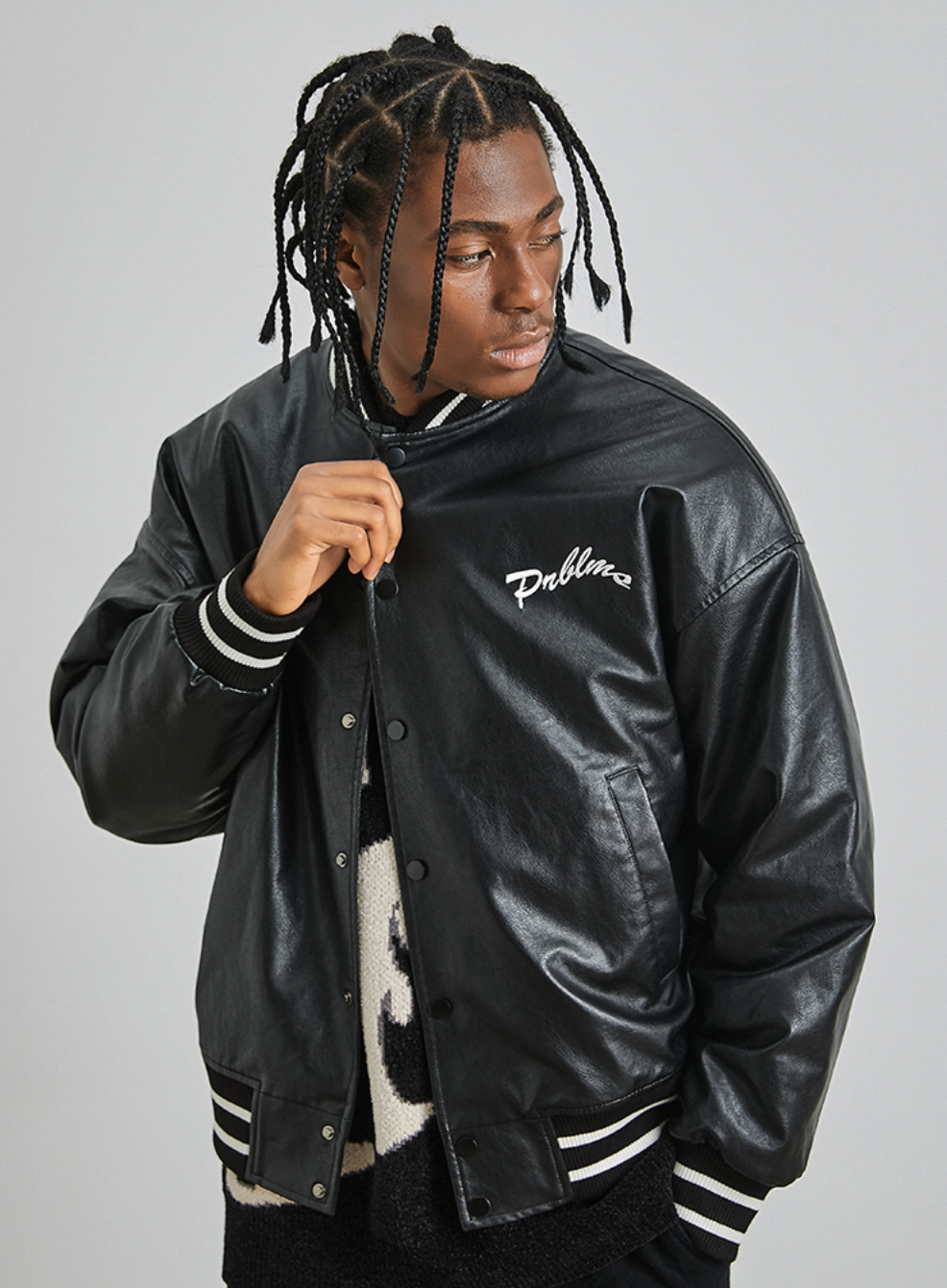 PRBLMS Big LOGO Leather Baseball Jacket | Face 3 Face