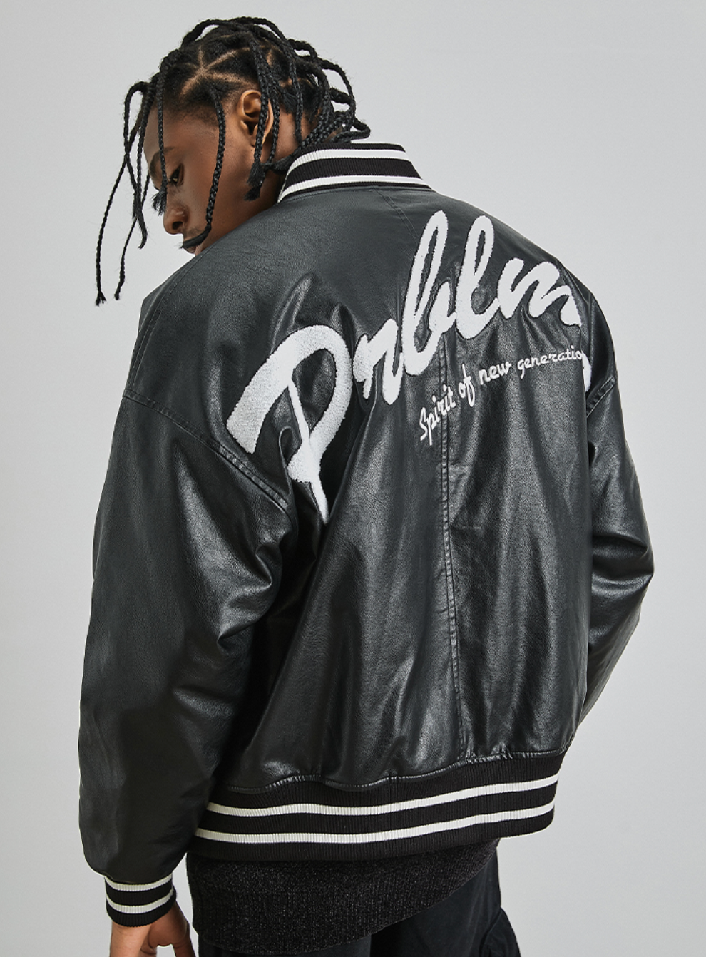 PRBLMS Big LOGO Leather Baseball Jacket | Face 3 Face