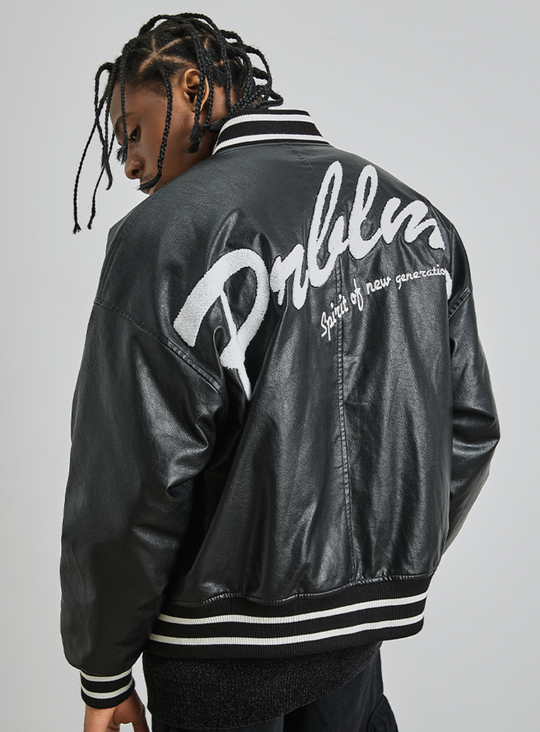 PRBLMS Big LOGO Leather Baseball Jacket | Face 3 Face
