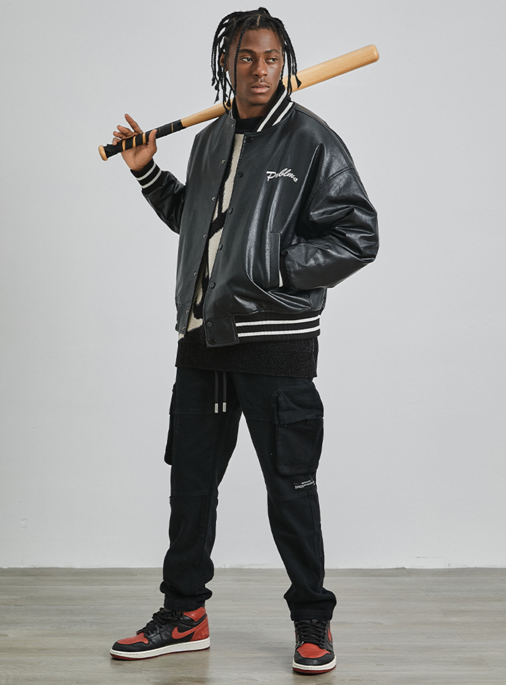 PRBLMS Big LOGO Leather Baseball Jacket | Face 3 Face