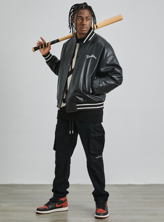 PRBLMS Big LOGO Leather Baseball Jacket | Face 3 Face