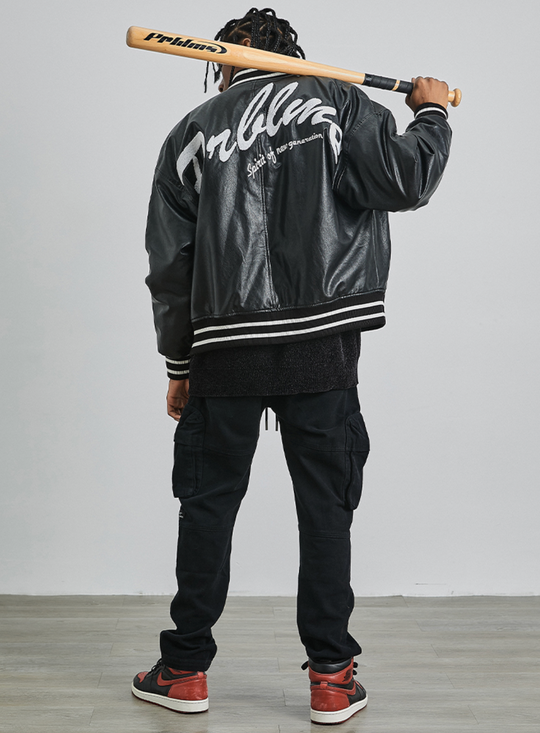 PRBLMS Big LOGO Leather Baseball Jacket | Face 3 Face