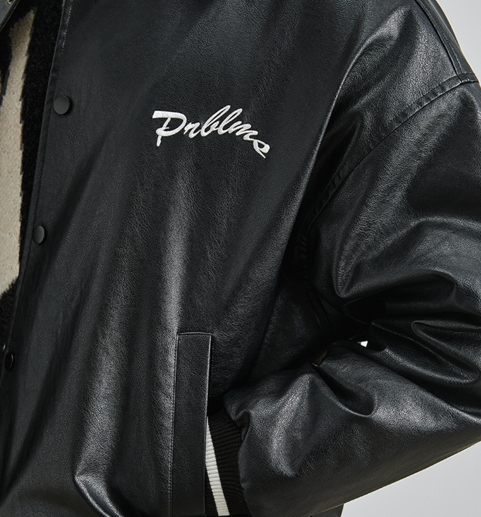 PRBLMS Big LOGO Leather Baseball Jacket | Face 3 Face