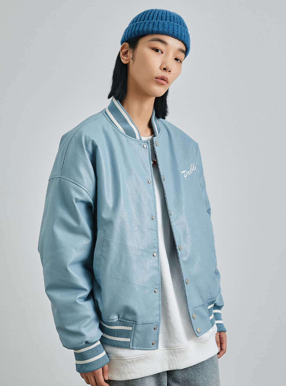 PRBLMS Big LOGO Leather Baseball Jacket | Face 3 Face