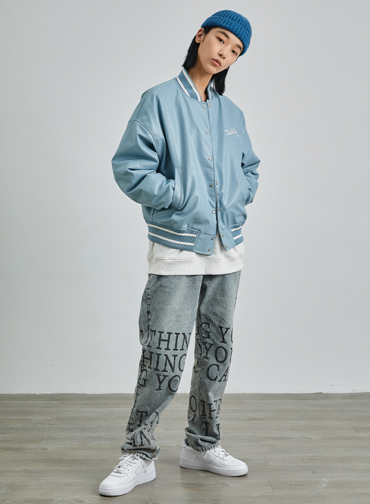 PRBLMS Big LOGO Leather Baseball Jacket | Face 3 Face